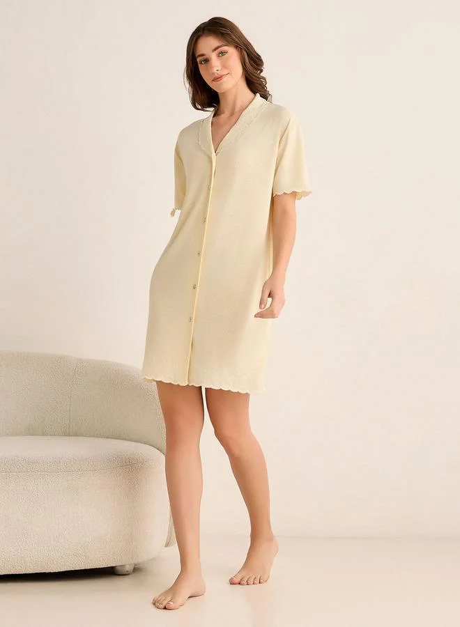 Splash FAV Knee Length Night Dress Short Sleeves with Scallop Trim
